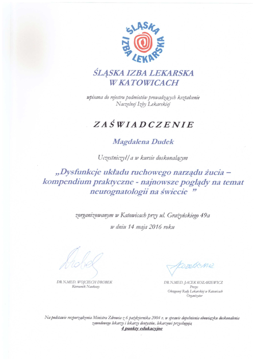 certyfikat Magdalena Dudek