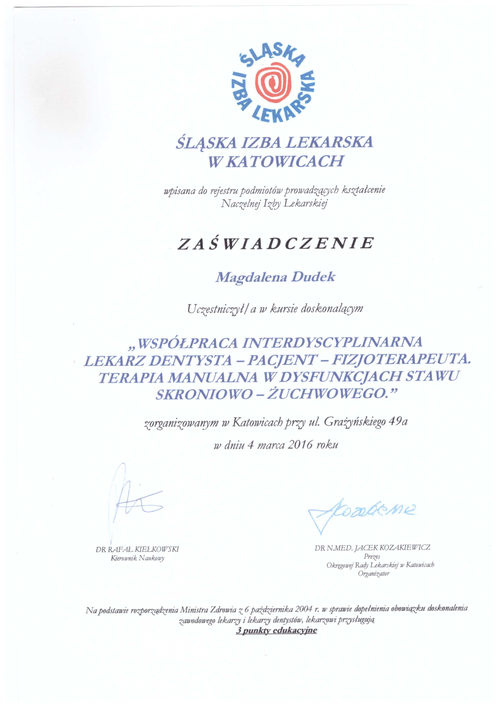 certyfikat Magdalena Dudek