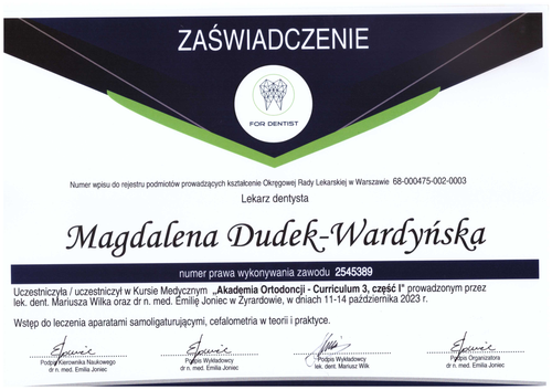 certyfikat Magdalena Dudek