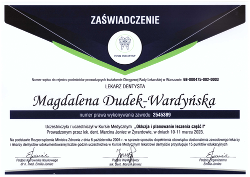 certyfikat Magdalena Dudek