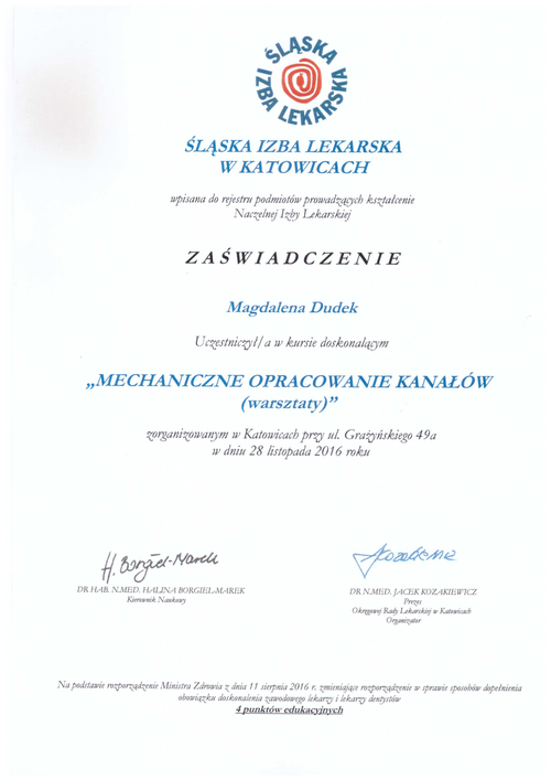 certyfikat Magdalena Dudek