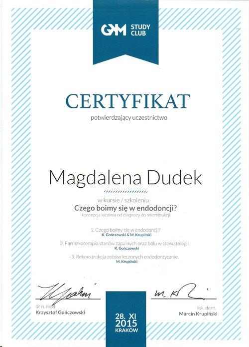 certyfikat Magdalena Dudek