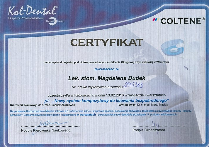 certyfikat Magdalena Dudek