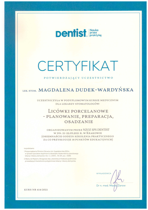 certyfikat Magdalena Dudek