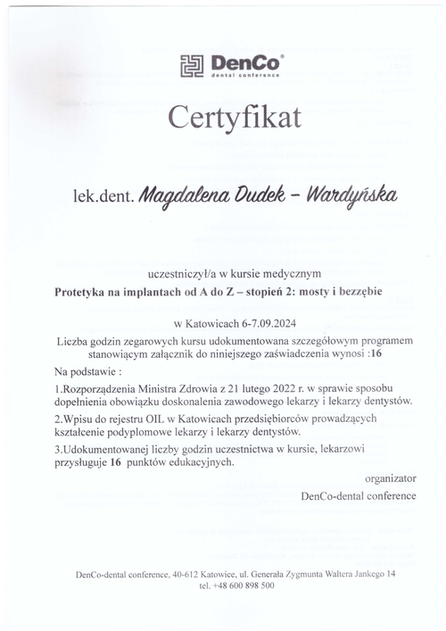 certyfikat Magdalena Dudek