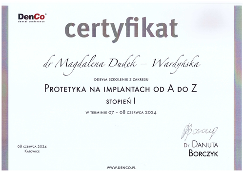 certyfikat Magdalena Dudek