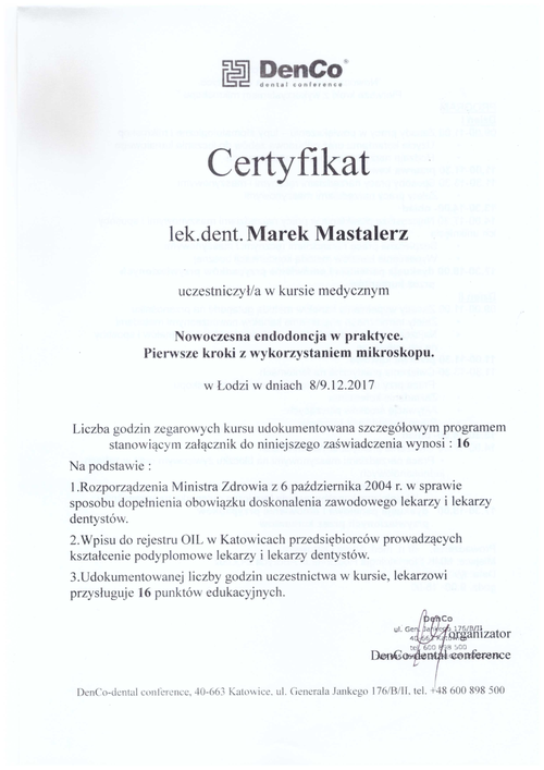 certyfikat Marek Mastelarz
